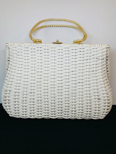 Large Woven White Wicker Purse with Gold Handles